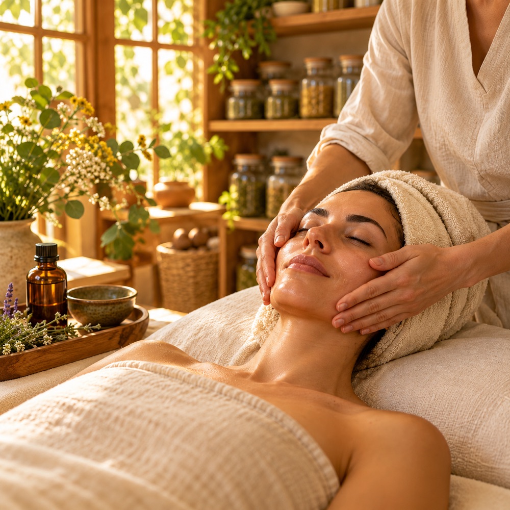 Massatge facial amb tovalloles de lli