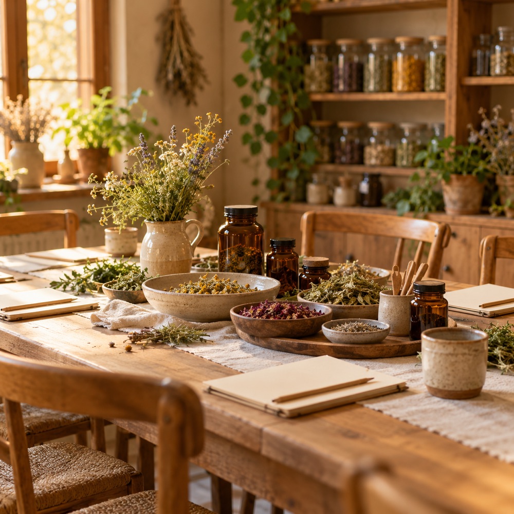 Taula preparada per a un taller de plantes i benestar